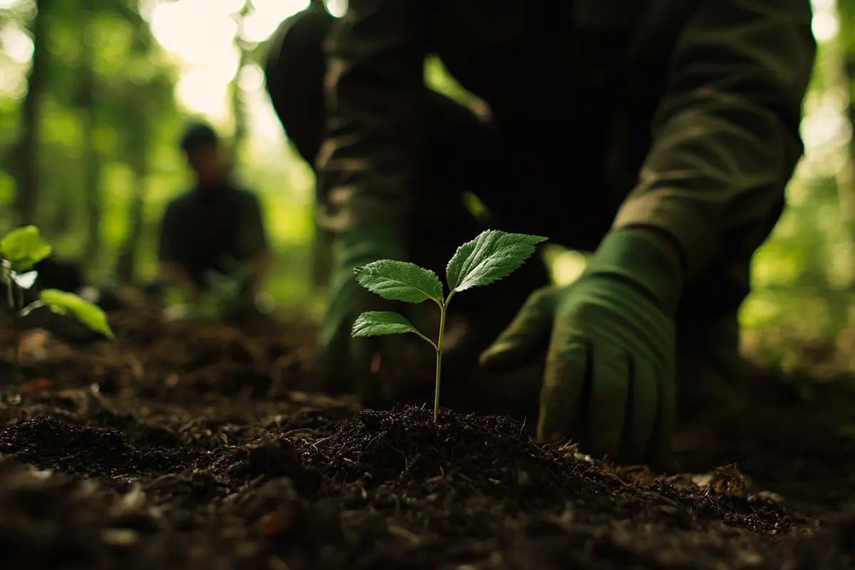 The Role of Carbon Credits in Achieving Sustainability Goals_A close-up of a forestry worker planting a tree_visual 6