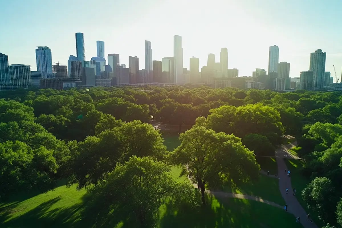 The Role of Carbon Credits in Achieving Sustainability Goals_A landscape of a modern city surrounded by a park_visual 1