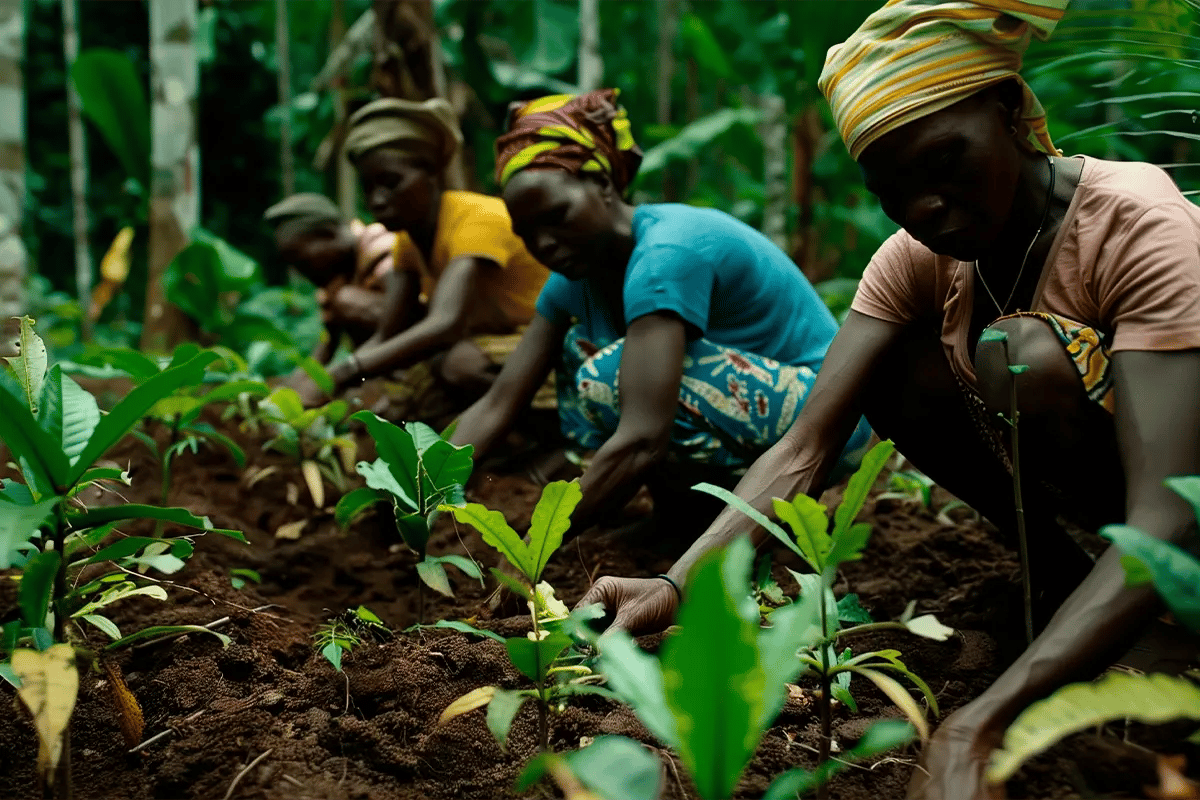 The Role of Carbon Credits in Achieving Sustainability Goals_A local African community planting trees as part of a reforestation project_visual 3