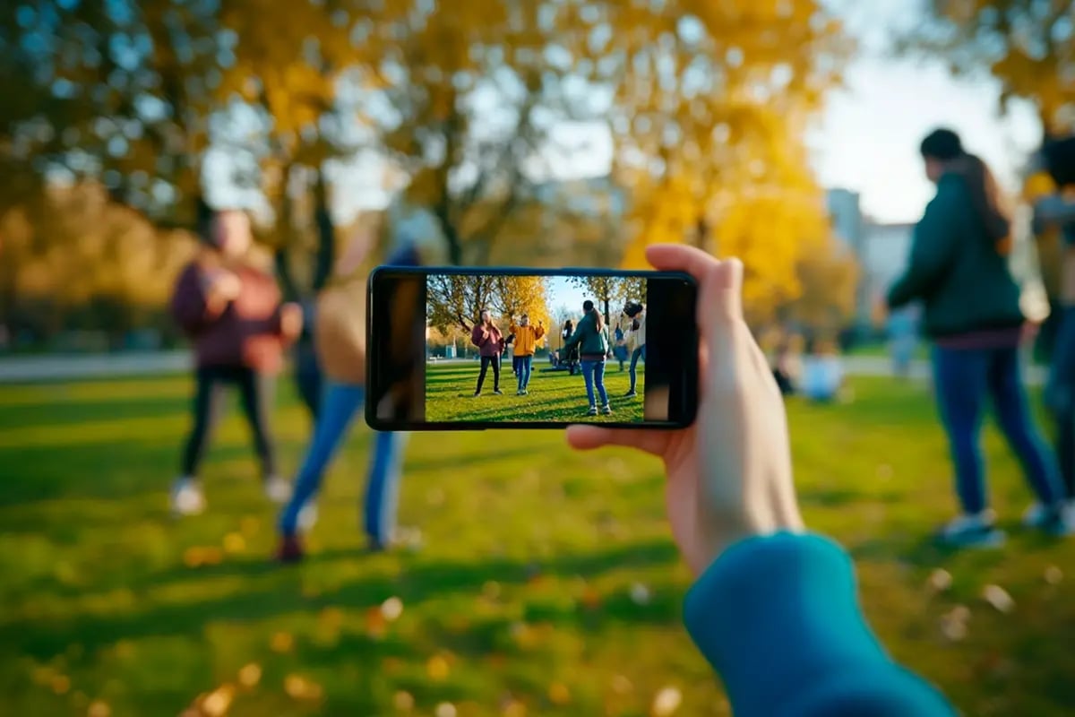 TikTok’s Environmental Impact Sparks Concerns_Close-up of a person using a phone to edit a TikTok video featuring a group of teenagers dancing in a park_visual 1