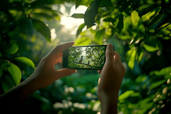 TikToks Big Move, 5,100 Tonnes of CO2 to Be Removed by 2030_A close up of a person recording a TikTok video about birds in the woods_visual 1