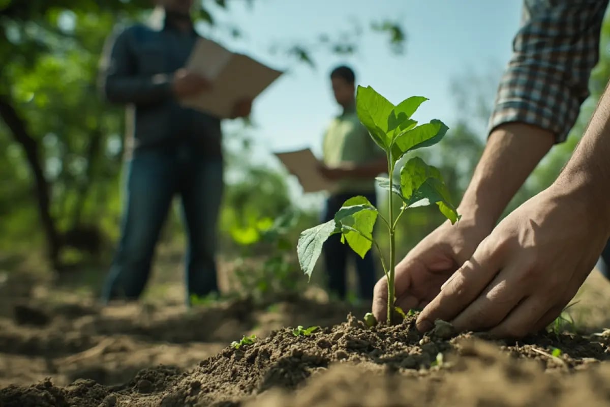 Uzbekistan Opens Carbon Market with New Emissions Law_Men examining young trees and reviewing paperwork at a tree nursery in Uzbekistan_visual 1