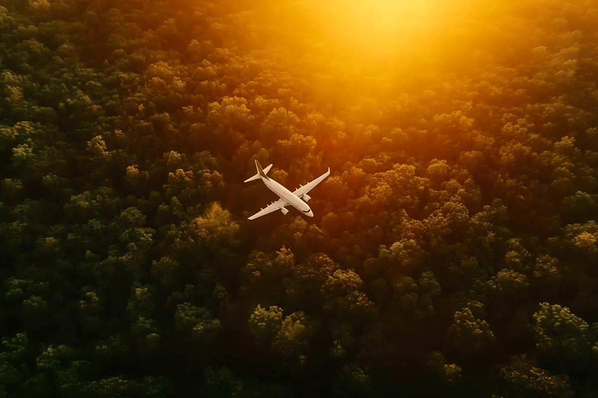 Verra Simplifies Aviation Carbon Compliance with Updated CORSIA Labels_A cargo aircraft soaring above a lush, green deciduous forest_visual 1