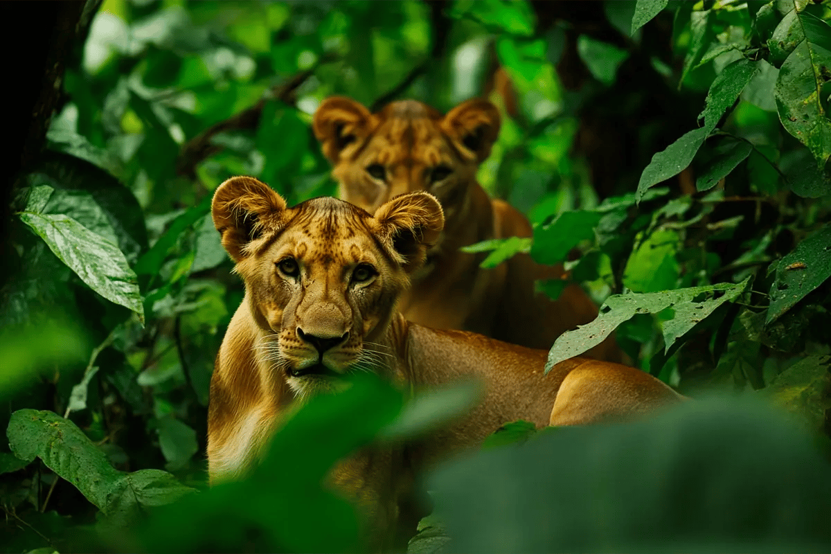 What are carbon units and why do they matter_Two adult lions resting within the dense greenery of an African forest_visual 4