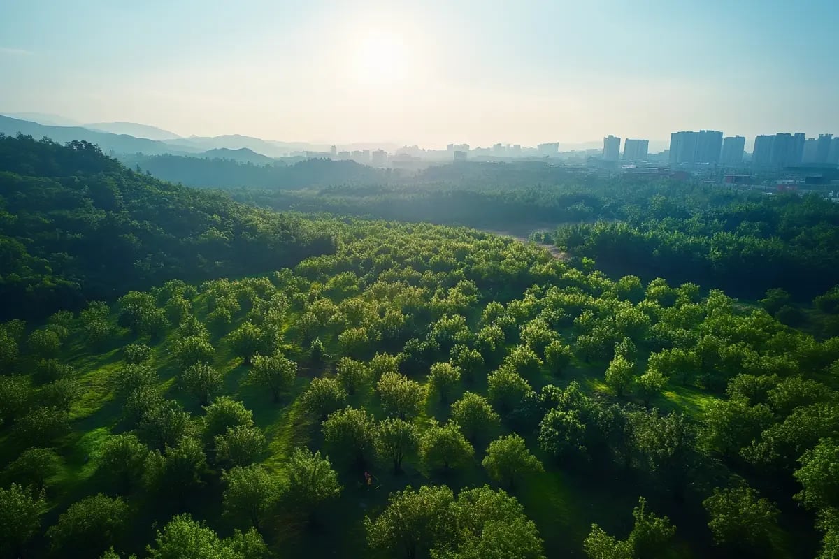 Wood Mackenzie Predicts $1 2 Trillion Surge in Global Carbon Solutions_Top-down view of an expansive newly planted deciduous forest part of a reforestation initiative with a contemporary city skyline in the (2)