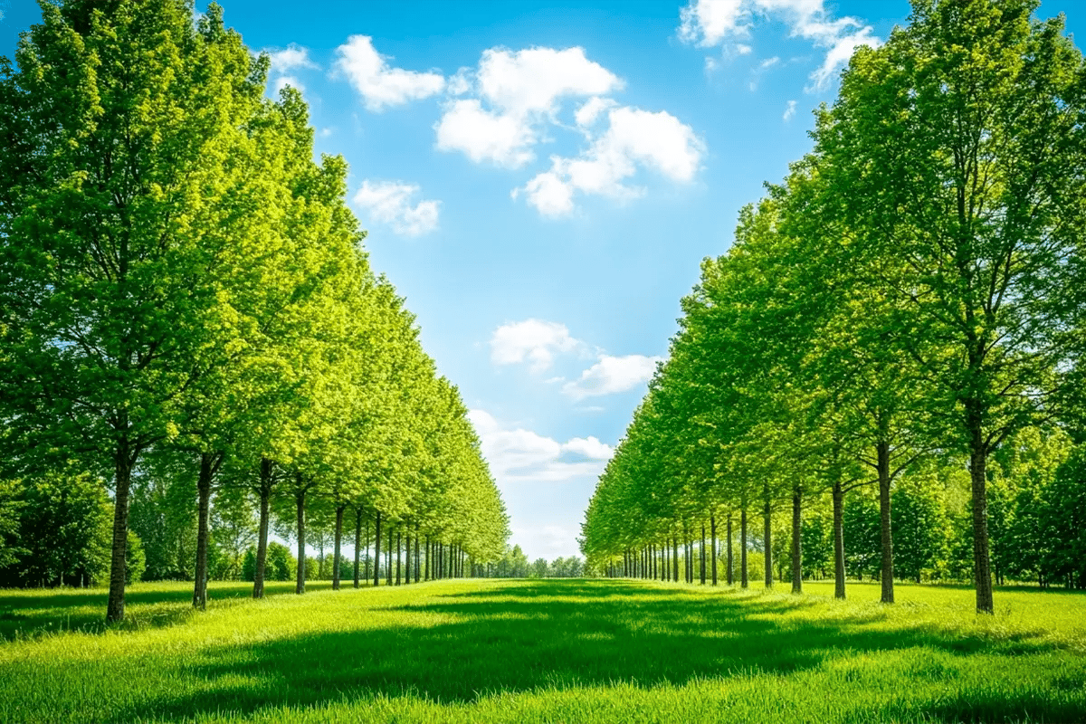 World Carbon Fund Maintains Positive Momentum in 2024_A ground-level perspective of a forested field filled with vibrant green deciduous trees extending toward the horizon_visual 1 (1)